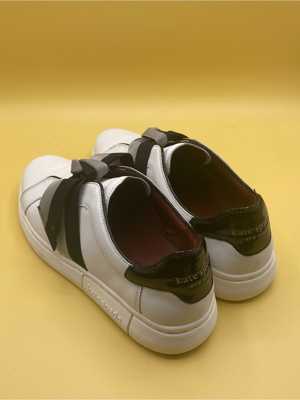 kate spade White Leather Sneakers with Black and Gray Ribbon Bow - Picture 3 of 4